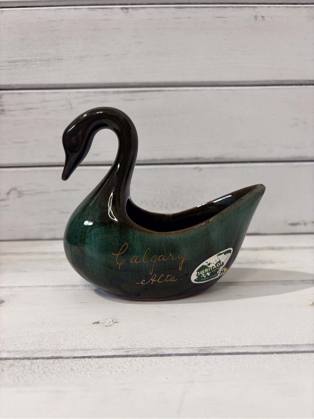 Vintage Heritage Dark Green Ceramic Swan Planter
